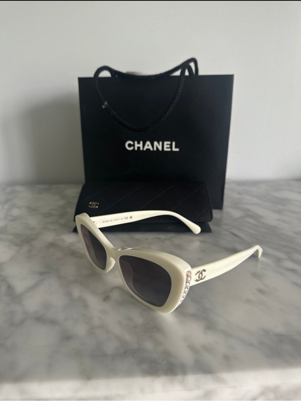 CHANEL Ivory Cat Eye Sunglasses with Pearl & CC Accent